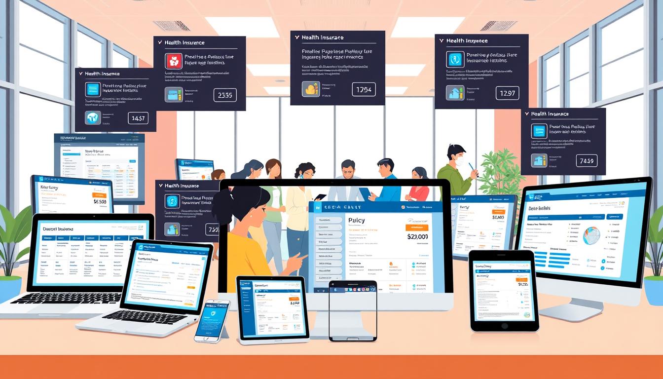 A vibrant, professional-grade illustration showcasing a comprehensive suite of health insurance comparison tools. In the foreground, an array of digital devices - laptops, tablets, and smartphones - displaying various insurance plan comparison interfaces. The middle ground features a diverse group of users interacting with the tools, examining policy details and costs. In the background, a clean, modern office environment with floor-to-ceiling windows, allowing natural light to illuminate the scene. The overall composition conveys a sense of productivity, efficiency, and empowerment, reflecting the importance of these comparison platforms in finding the best health insurance coverage.