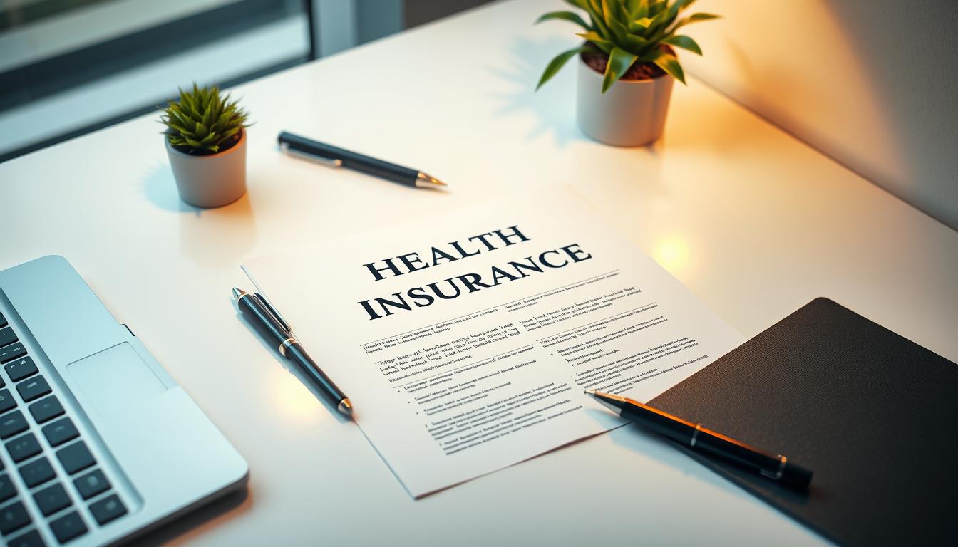 A vibrant, professionally lit scene depicting a health insurance policy document placed on a clean, minimalist desktop. The document is surrounded by modern office accessories like a pen, laptop, and a potted plant, creating a sense of organization and attention to detail. The lighting is warm and balanced, highlighting the tactile nature of the insurance document. The composition is visually striking, with a clear focal point on the policy document and a sense of depth and dimension in the background. The overall mood is one of professionalism, efficiency, and financial security.