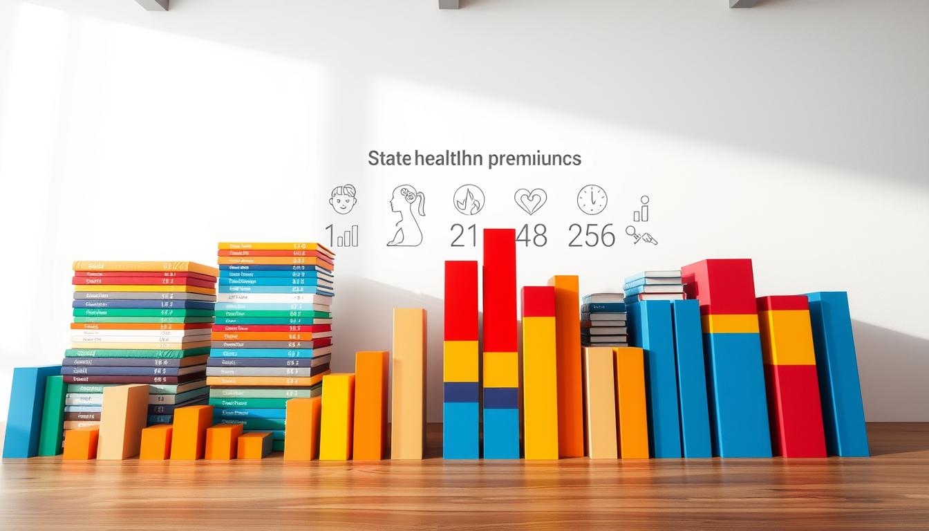 A vibrant, realistic image of state health insurance premiums. In the foreground, a collection of colorful, stacked bar graphs representing the varying premium costs across different US states. The middle ground features detailed icons or infographics illustrating the key factors that influence these state-level premiums, such as age, income, and personal health status. The background portrays a clean, minimalist design with a soft, gradient-based color palette, drawing the viewer's attention to the core data visualizations. Crisp lighting from an overhead source casts subtle shadows, adding depth and dimensionality to the scene. Captured with a wide-angle lens to showcase the comprehensive nature of the information presented.