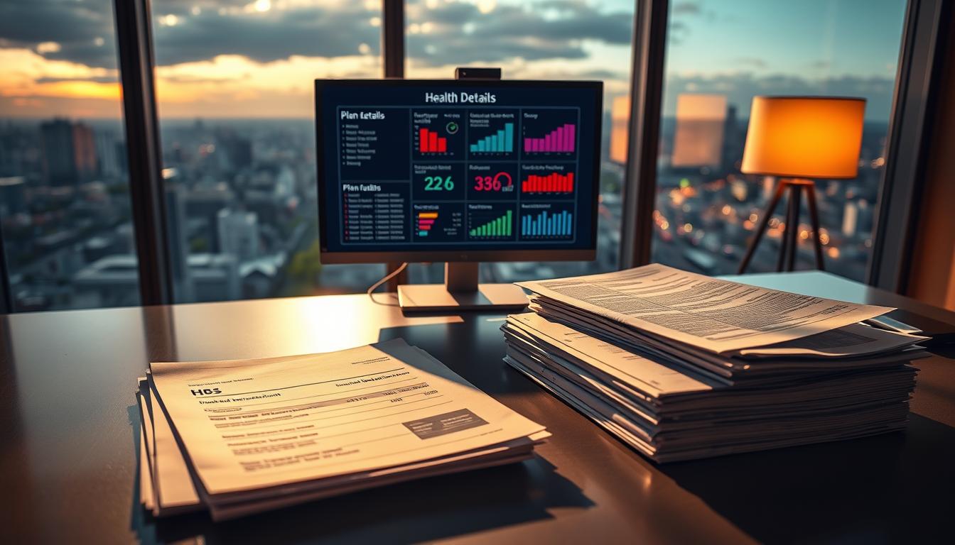 A vibrant scene depicting a high-deductible health plan. In the foreground, a stack of medical bills and insurance documents sits on a sleek, modern desk, casting intricate shadows across the surface. The middle ground features a computer monitor displaying a detailed breakdown of plan details, with visually striking charts and graphs highlighting the plan's key features. In the background, a window offers a panoramic view of a bustling cityscape, symbolizing the broader context in which healthcare decisions are made. Warm, diffused lighting from a nearby lamp creates a contemplative atmosphere, inviting the viewer to ponder the complexities of health savings accounts and their potential for financial savings.