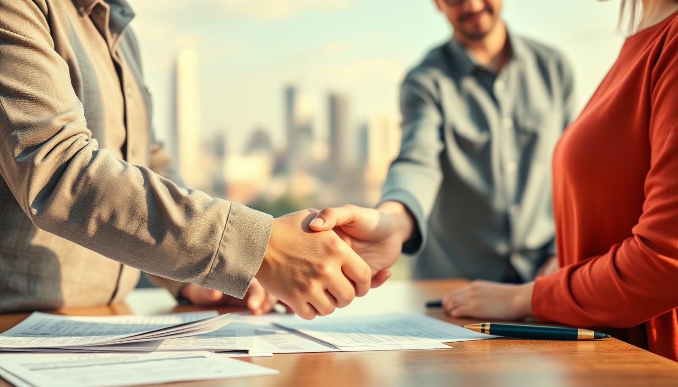 A vibrant scene depicting financial assistance for low-income households. In the foreground, a warm handshake between a caseworker and a family, conveying a sense of support and understanding. In the middle ground, various documents and forms symbolizing access to aid programs, tax credits, and healthcare subsidies. The background features a softly blurred city skyline, hinting at the wider economic and social context. Gentle natural lighting illuminates the scene, creating an atmosphere of hope and empowerment. The overall composition emphasizes the collaborative, personalized nature of providing financial assistance to those in need.