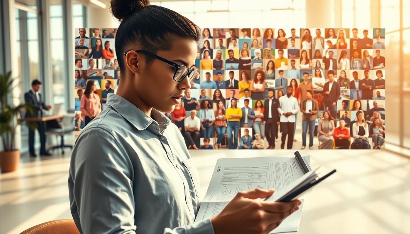 A vibrant scene depicting open enrollment versus special enrollment periods. In the foreground, a person intently studying healthcare plan options on a digital tablet, surrounded by documents and folders. In the middle ground, a mosaic of diverse people representing different enrollment periods - some eagerly signing up during open enrollment, others navigating special circumstances. The background features a modern, airy office setting with large windows, clean lines, and a sense of professional calm. Warm, natural lighting illuminates the scene, creating a sense of clarity and purpose. Angles and perspectives converge to draw the viewer's eye towards the central figure, emphasizing the importance of understanding enrollment options.