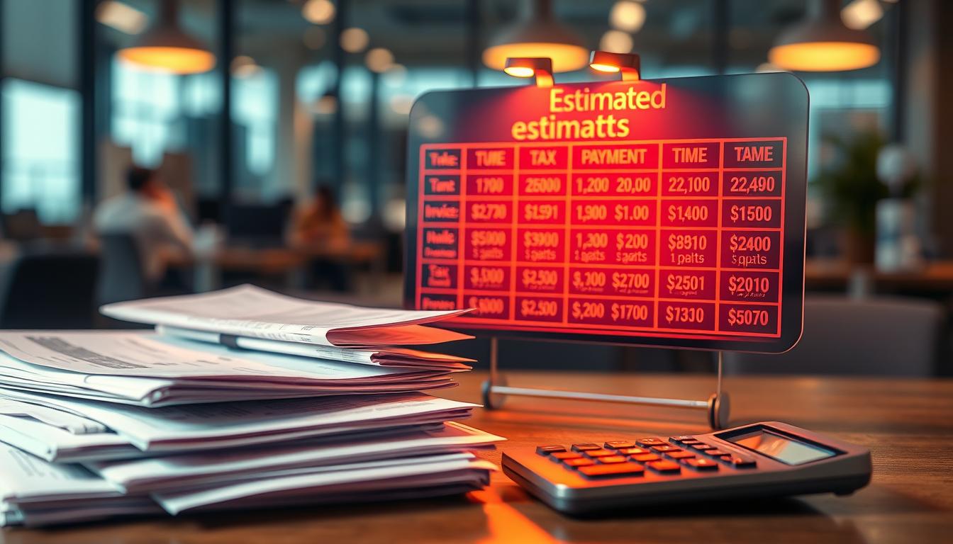 A vibrant scene depicting the concept of "estimated tax". In the foreground, a stack of financial documents, invoices, and calculator symbolize the necessary calculations and planning. The middle ground features a stylized graph or chart displaying tax brackets and payment deadlines, illuminated by warm, directional lighting. In the background, a blurred cityscape or office environment suggests the broader context of personal finance and tax obligations. The overall mood is one of diligence, organization, and a sense of preparedness to meet tax requirements. A vibrant scene depicting the concept of "estimated tax". In the foreground, a stack of financial documents, invoices, and calculator symbolize the necessary calculations and planning. The middle ground features a stylized graph or chart displaying tax brackets and payment deadlines, illuminated by warm, directional lighting. In the background, a blurred cityscape or office environment suggests the broader context of personal finance and tax obligations. The overall mood is one of diligence, organization, and a sense of preparedness to meet tax requirements.