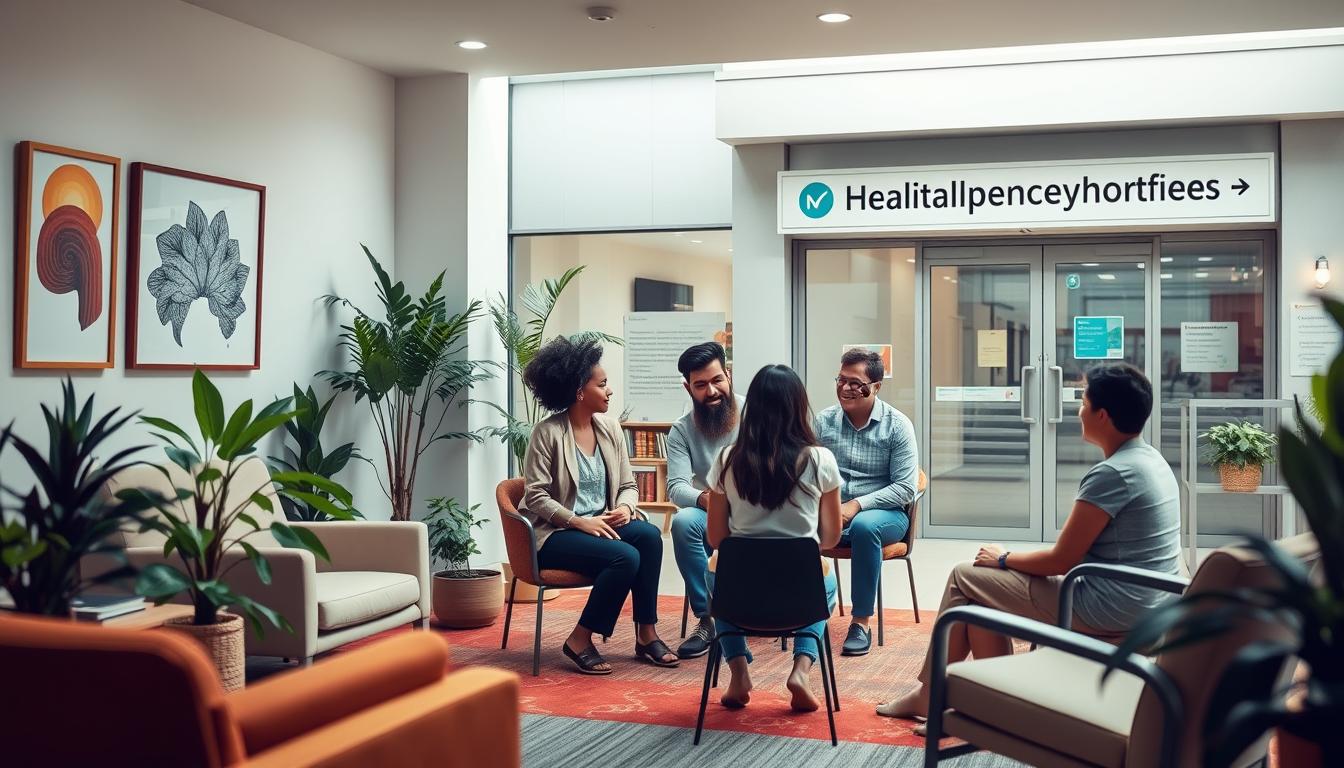 A vibrant scene depicting the various mental health services available to individuals. In the foreground, a welcoming counselor's office with comfortable chairs, inspirational artwork, and plants. In the middle ground, a group therapy session with diverse participants engaged in open discussion. In the background, a modern mental health clinic with a clean, professional facade and directional signage. The overall mood is warm, inviting, and focused on providing holistic support for mental well-being. The lighting is soft and natural, creating a calming atmosphere. The scene captures the comprehensive approach to mental health services, emphasizing accessibility, inclusivity, and a commitment to personal growth.