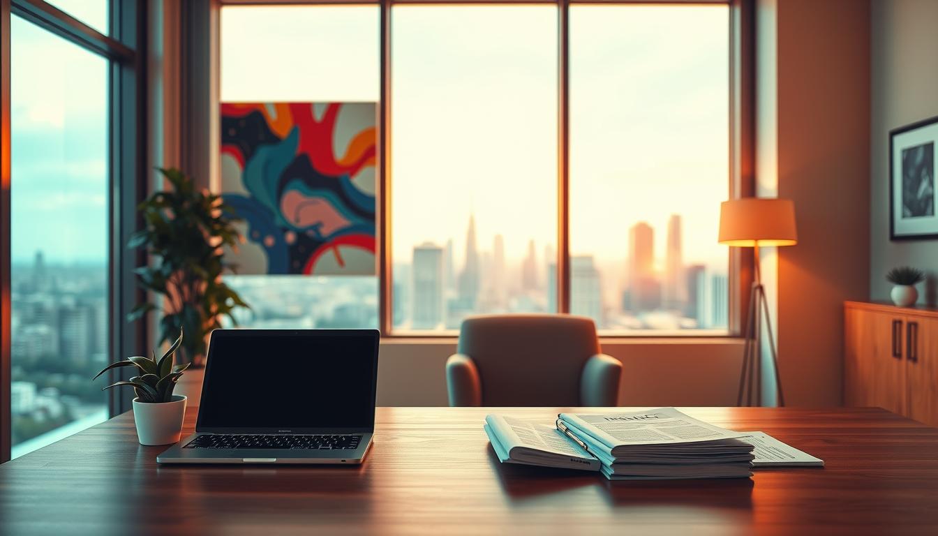 A vibrant scene of a modern office interior, with an expansive window overlooking a cityscape. In the foreground, a well-appointed desk showcases an open laptop, a stack of insurance documents, and a soothing plant. A comfortable armchair sits adjacent, inviting contemplation. The middle ground features a vibrant abstract artwork, its bold colors and dynamic composition reflecting the mental health theme. Warm, diffused lighting casts a calming glow, while the background skyline outside the window suggests a sense of expansiveness and possibility. The overall atmosphere evokes a professional, yet nurturing environment where one can explore insurance-covered mental health resources.