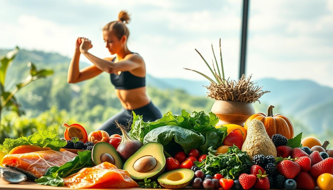 A vibrant scene of a person engaging in a full-body workout, surrounded by an array of healthy, nutrient-rich foods. In the foreground, a person performs a series of dynamic exercises, their muscles toned and glistening under warm, natural lighting. In the middle ground, an assortment of colorful, fresh ingredients such as salmon, avocado, leafy greens, and berries are artfully arranged, symbolizing the synergistic relationship between exercise and the consumption of CCK-boosting foods. The background depicts a serene, nature-inspired setting, with lush greenery and a soft, diffused sky, creating a calming, rejuvenating atmosphere. The overall composition conveys a sense of holistic well-being, highlighting the benefits of combining physical activity with a nourishing, CCK-rich diet.