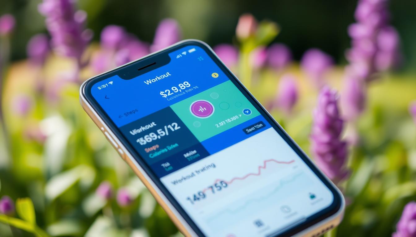 A vibrant scene of a smartphone screen displaying a fitness app's workout tracking interface. The foreground features a sleek, minimalist design with various fitness metrics and progress charts. The middle ground showcases a user's workout activity data, including steps, calories burned, and exercise duration. The background subtly depicts a lush, nature-inspired environment, conveying a sense of wellness and balance. The overall composition is crisp, well-lit, and captured from a slightly elevated angle, emphasizing the user-friendly and intuitive experience of the free fitness app.