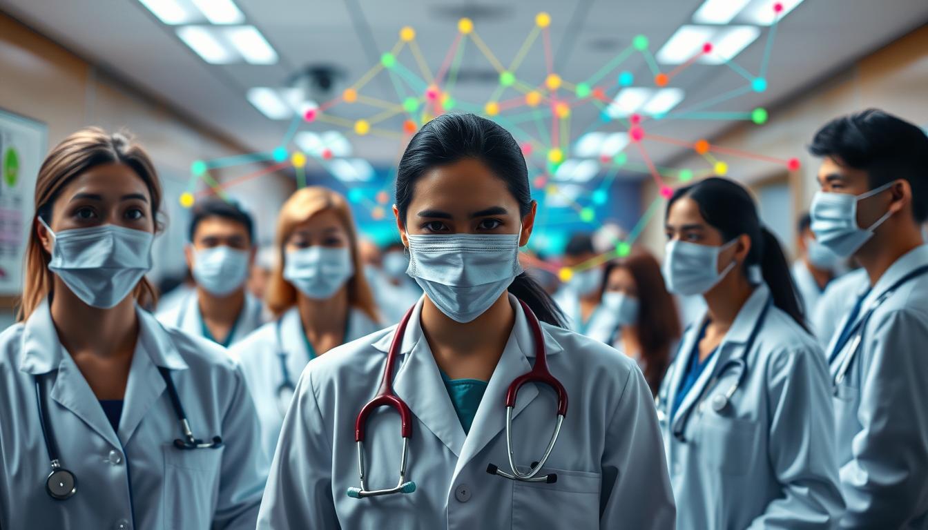 A vibrant scene of network providers, captured through a wide-angle lens with a shallow depth of field. In the foreground, a group of medical professionals in crisp white coats, their faces obscured by a hazy, out-of-focus effect, symbolizing the hidden fees and complexities of out-of-network care. In the middle ground, a web of colorful lines and shapes representing the intricate network of healthcare providers, payers, and regulations. The background is a blur of activity, with a bustling hospital or clinic setting, conveying the sense of a complex, interconnected system. The overall atmosphere is one of tension and uncertainty, hinting at the challenges faced by patients navigating the hidden pitfalls of network coverage.