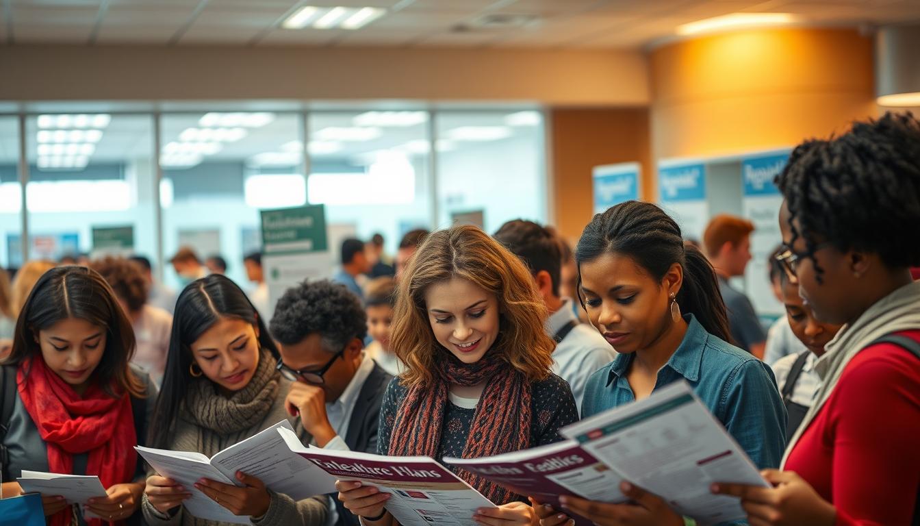 A vibrant scene of open enrollment unfolds against a backdrop of a bustling healthcare office. In the foreground, a group of diverse individuals review healthcare plan options, expressions of concentration and determination etched on their faces. The middle ground showcases informative brochures and signage guiding the enrollment process, while the background is filled with the warm glow of modern lighting and the hustle of administrative staff. The atmosphere conveys a sense of purpose and opportunity, as those seeking coverage navigate the critical window of open enrollment.