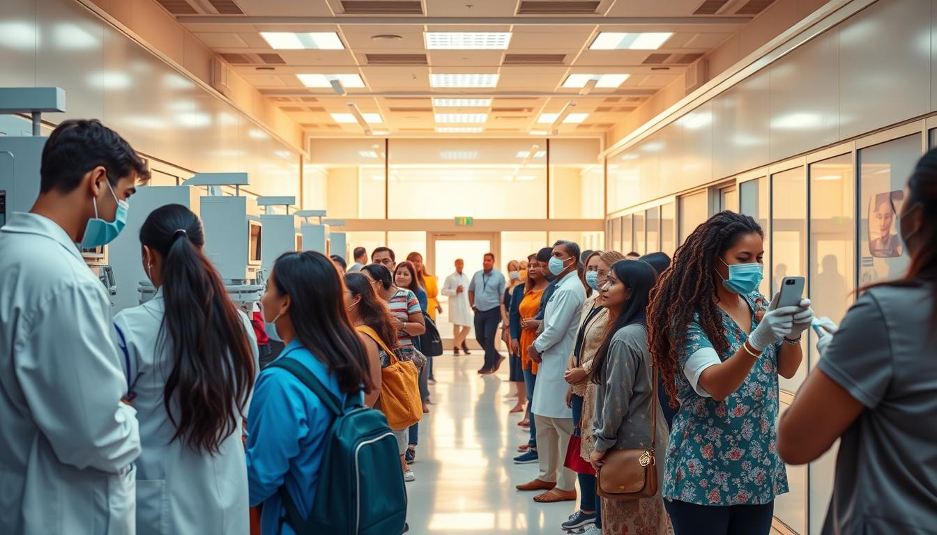 A vibrant scene of preventive healthcare services unfolds. In the foreground, a diverse group of people receive checkups, screenings, and vaccinations from attentive medical professionals. The middle ground showcases state-of-the-art medical equipment and technology, hinting at the advanced care available. In the background, a modern, well-equipped healthcare facility stands tall, its clean lines and bright colors reflecting the forward-thinking approach to preventive medicine. Warm, natural lighting bathes the entire scene, conveying a sense of well-being and optimism. The overall atmosphere exudes a feeling of accessibility, care, and empowerment, encapsulating the essence of free preventive services covered by health insurance plans.
