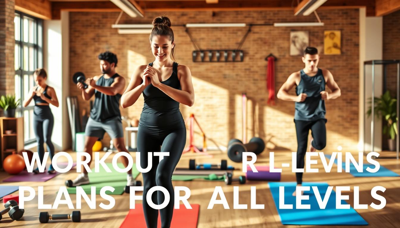 A vibrant scene showcasing the adaptability of workout plans for all levels. In the foreground, a diverse group of individuals - a beginner, an intermediate, and an advanced exerciser - performing a series of exercises tailored to their respective abilities. The middle ground features an array of fitness equipment, including dumbbells, resistance bands, and yoga mats, indicating the versatility of the plans. The background is bathed in warm, natural lighting, creating a welcoming and motivating atmosphere. The overall composition conveys the message of inclusivity and the ability to customize workout routines to suit individual needs and skill levels.