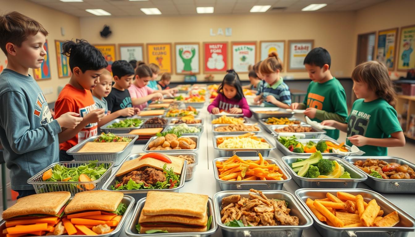 A vibrant school cafeteria scene with a diverse array of budget-friendly, nutritious lunch options. In the foreground, a variety of freshly prepared meals are laid out on a long table, including hearty sandwiches, colorful salads, and wholesome entrees. The middle ground features students eagerly selecting their lunches, faces alight with excitement. In the background, the cafeteria walls are adorned with cheerful posters promoting healthy eating habits. Warm, natural lighting illuminates the space, creating a welcoming and inviting atmosphere. The scene conveys a sense of community, where nourishing and cost-effective school lunches are available to all.