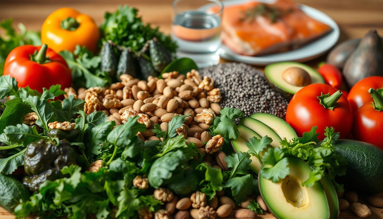 A vibrant still life arrangement showcasing a selection of nutrient-dense "CCK-boosting" foods. In the foreground, a variety of leafy greens, including spinach, kale, and arugula, are displayed alongside crisp bell peppers, juicy tomatoes, and creamy avocado slices. In the middle ground, a scattering of heart-healthy nuts and seeds, such as walnuts, almonds, and chia, add texture and crunch. In the background, a glass of water and a plate of fatty fish, like salmon or mackerel, which are rich in omega-3 fatty acids that support CCK production, complete the vibrant, nourishing scene. Soft, warm lighting illuminates the scene, highlighting the vivid colors and natural textures of the ingredients.