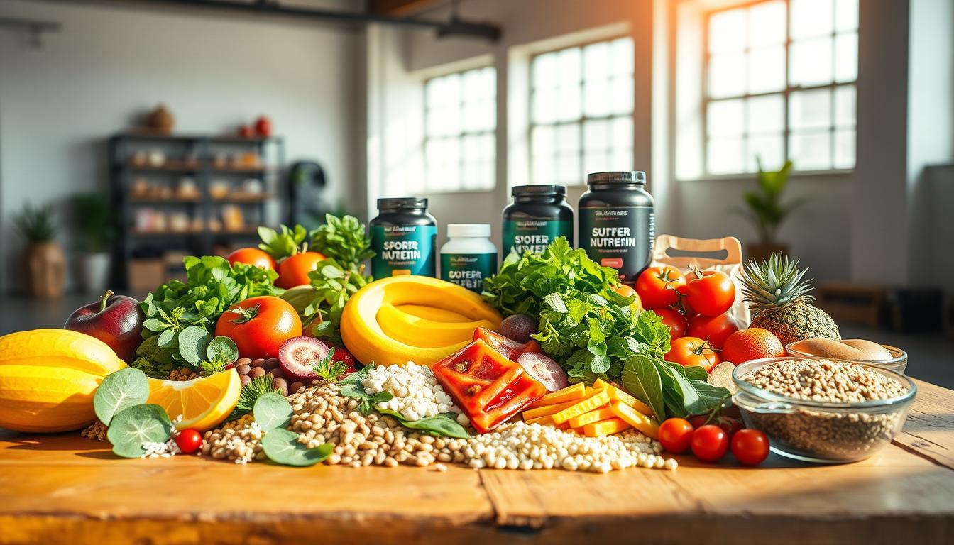 A vibrant still life capturing the essence of nutritional support for bodyweight exercises. In the foreground, an assortment of whole foods - colorful fruits, leafy greens, lean proteins, and nutrient-dense grains. Artfully arranged on a rustic wooden table, bathed in warm, natural light filtering through a large window. In the middle ground, various supplements and sports nutrition products, their sleek packaging complementing the organic elements. The background blurs into a minimalist, loft-like interior, highlighting the clean, modern aesthetic. The overall composition conveys a sense of balance, vitality, and the synergy between proper nutrition and effective bodyweight training.