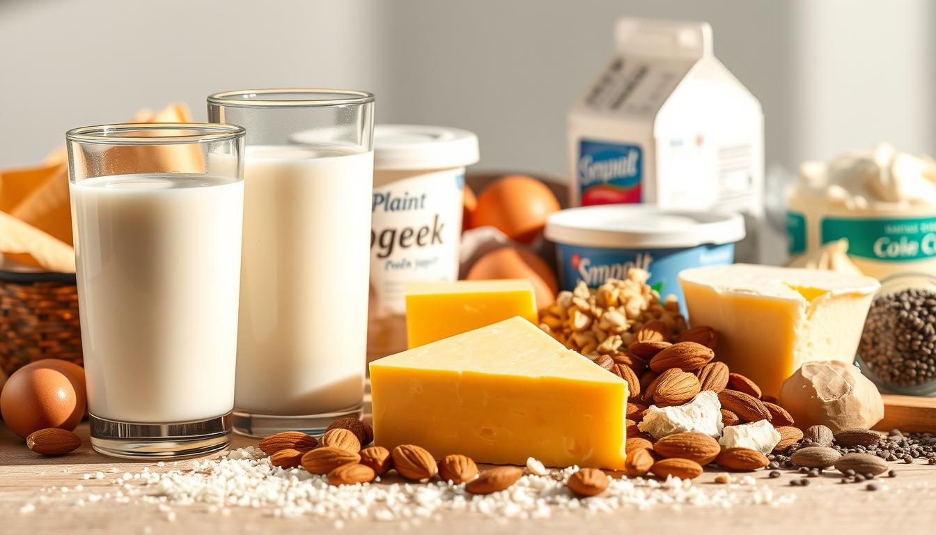 A vibrant still life composition depicting an array of affordable dairy-based protein options. In the foreground, a glass of low-fat milk, a container of plain Greek yogurt, and a wedge of low-fat cheddar cheese are artfully arranged. The middle ground features a carton of eggs and a tub of cottage cheese. In the background, a variety of nuts and seeds, such as almonds and chia, add texture and visual interest. Warm, natural lighting casts a soft glow over the scene, highlighting the creamy textures and vibrant colors of the dairy products. The composition is balanced and visually appealing, showcasing these budget-friendly, high-quality protein sources.