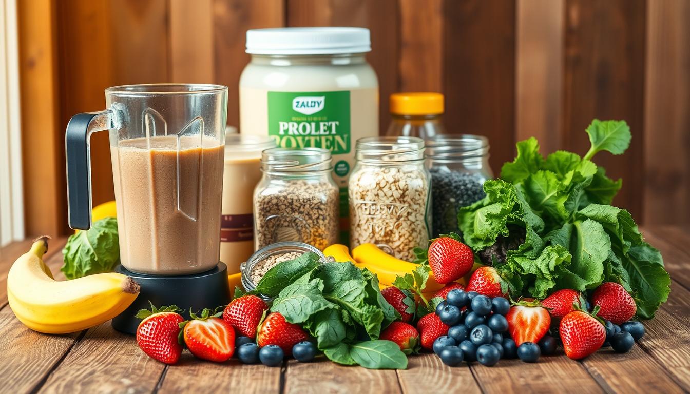 A vibrant still life composition depicting an assortment of budget-friendly smoothie ingredients on a rustic wooden table. In the foreground, a blender filled with a thick, creamy smoothie sits alongside a variety of fresh, colorful fruits and vegetables - bananas, spinach, kale, strawberries, and blueberries. In the middle ground, mason jars filled with various protein powders, chia seeds, and oats stand out against the textured wooden surface. The background is softly blurred, allowing the viewer to focus on the nourishing, energy-boosting ingredients. Warm, natural lighting casts a pleasant glow over the scene, emphasizing the vibrant hues and healthy, wholesome appeal of these budget-friendly smoothie staples.