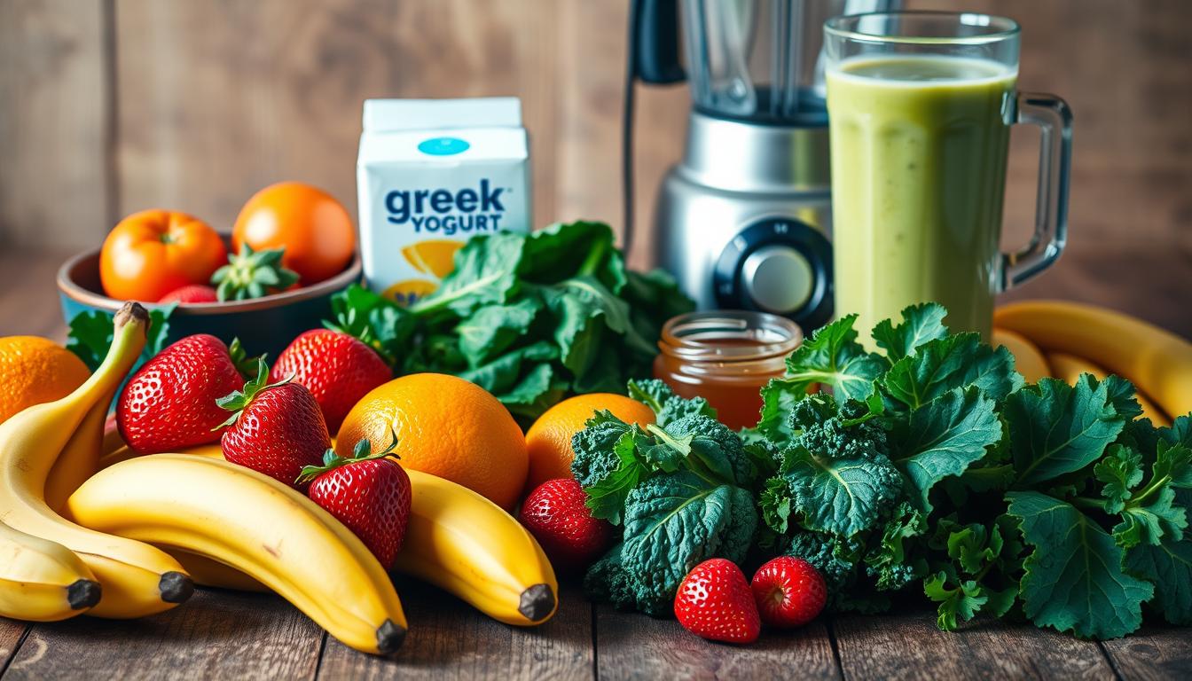 A vibrant still life of affordable smoothie ingredients arranged on a rustic wooden table. In the foreground, a variety of fresh fruits - ripe bananas, juicy oranges, and plump strawberries - are neatly displayed. In the middle ground, leafy greens like spinach and kale, along with a carton of Greek yogurt and a jar of honey, create a healthy and budget-friendly smoothie base. In the background, a blender and a glass filled with a creamy, vibrant smoothie add a sense of movement and preparation. The lighting is soft and natural, highlighting the vibrant colors and textures of the ingredients. The overall scene conveys a sense of simplicity, affordability, and healthy living.