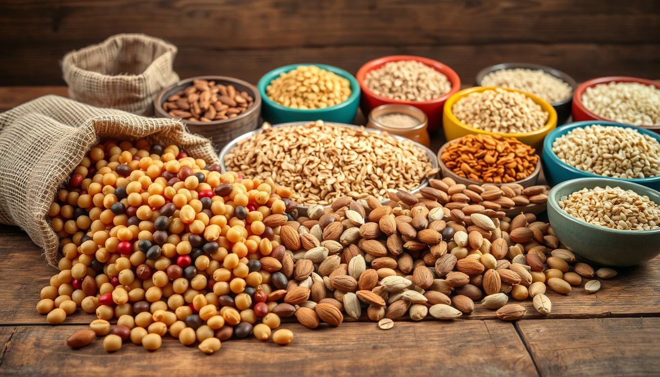 A vibrant still life of budget-friendly protein sources arranged on a rustic wooden table. In the foreground, a variety of legumes - lentils, chickpeas, and kidney beans - spill out of burlap sacks. In the middle ground, a selection of nuts and seeds, including almonds, pumpkin seeds, and sunflower seeds, are scattered across the table. In the background, a variety of whole grains, such as quinoa, brown rice, and oats, are displayed in colorful bowls. The lighting is natural and diffused, casting a warm, earthy glow over the scene. The overall composition conveys a sense of abundance and accessibility, highlighting the versatility and affordability of these protein-rich ingredients.