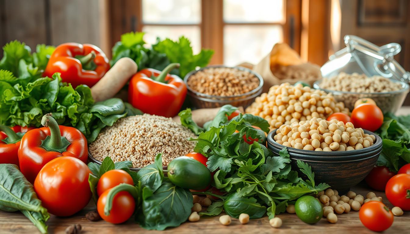 A vibrant still life scene depicting a variety of economical vegetarian meal options. In the foreground, an array of fresh produce including leafy greens, colorful bell peppers, and plump tomatoes. In the middle ground, a selection of hearty whole grains such as quinoa and brown rice, alongside protein-rich legumes like chickpeas and lentils. The background features a rustic wooden table, with natural lighting filtering in from a nearby window, creating a warm, inviting atmosphere. The overall composition emphasizes the simplicity and affordability of nutritious, plant-based meals.