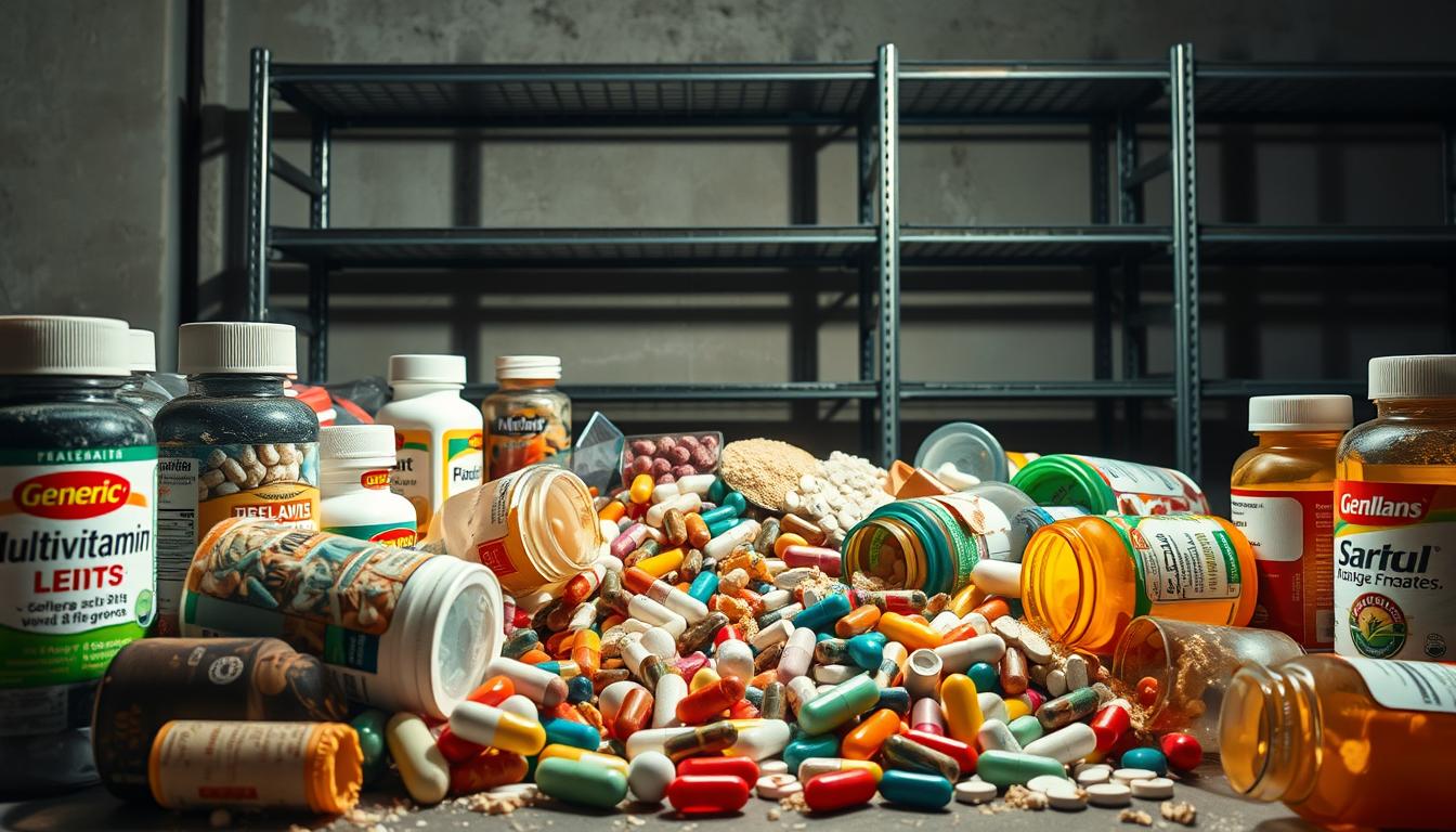 A vibrant, still-life scene depicting the common pitfalls of budget multivitamin supplements. In the foreground, a variety of generic multivitamin bottles are haphazardly arranged, their labels obscured by dust and grime. The middle ground showcases a disorganized jumble of tablets, capsules, and powders spilling out of broken containers, suggesting poor quality control. In the background, a dimly lit, industrial-style shelving unit looms, casting long shadows that symbolize the hidden dangers of choosing an inferior multivitamin. The overall mood is one of caution and skepticism, warning the viewer to be wary of sacrificing quality for cost when it comes to essential nutritional supplements.