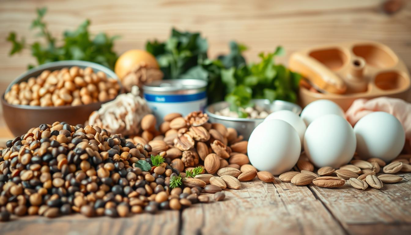 A vibrant still life showcasing an assortment of affordable protein sources for healthy eating. In the foreground, an array of lentils, chickpeas, eggs, and canned tuna or salmon arranged artfully on a rustic wooden table. The middle ground features a variety of nuts and seeds such as almonds, walnuts, and pumpkin seeds. In the background, a selection of fresh herbs and leafy greens adds a touch of vibrant color. The lighting is soft and natural, highlighting the textures and hues of the ingredients. The composition is balanced and visually appealing, emphasizing the accessibility and versatility of these nutrient-dense protein options.