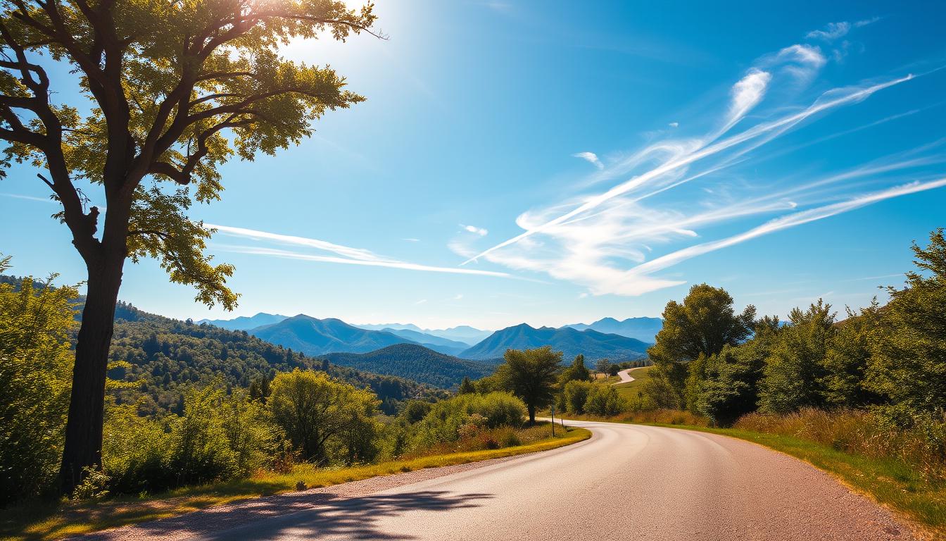 A vibrant, sun-dappled country road winds through a lush, verdant landscape. In the foreground, a well-maintained pavement stretches out, dotted with the occasional pebble or leaf. Towering trees line the sides, their branches casting dappled shadows across the scene. In the middle ground, rolling hills and distant mountains rise up, their peaks bathed in a warm, golden glow. The sky above is a brilliant, cloudless azure, with just a few wispy cirrus clouds drifting lazily across. The overall atmosphere is one of tranquility and adventure, inviting the viewer to imagine setting out on a leisurely journey down this picturesque road.