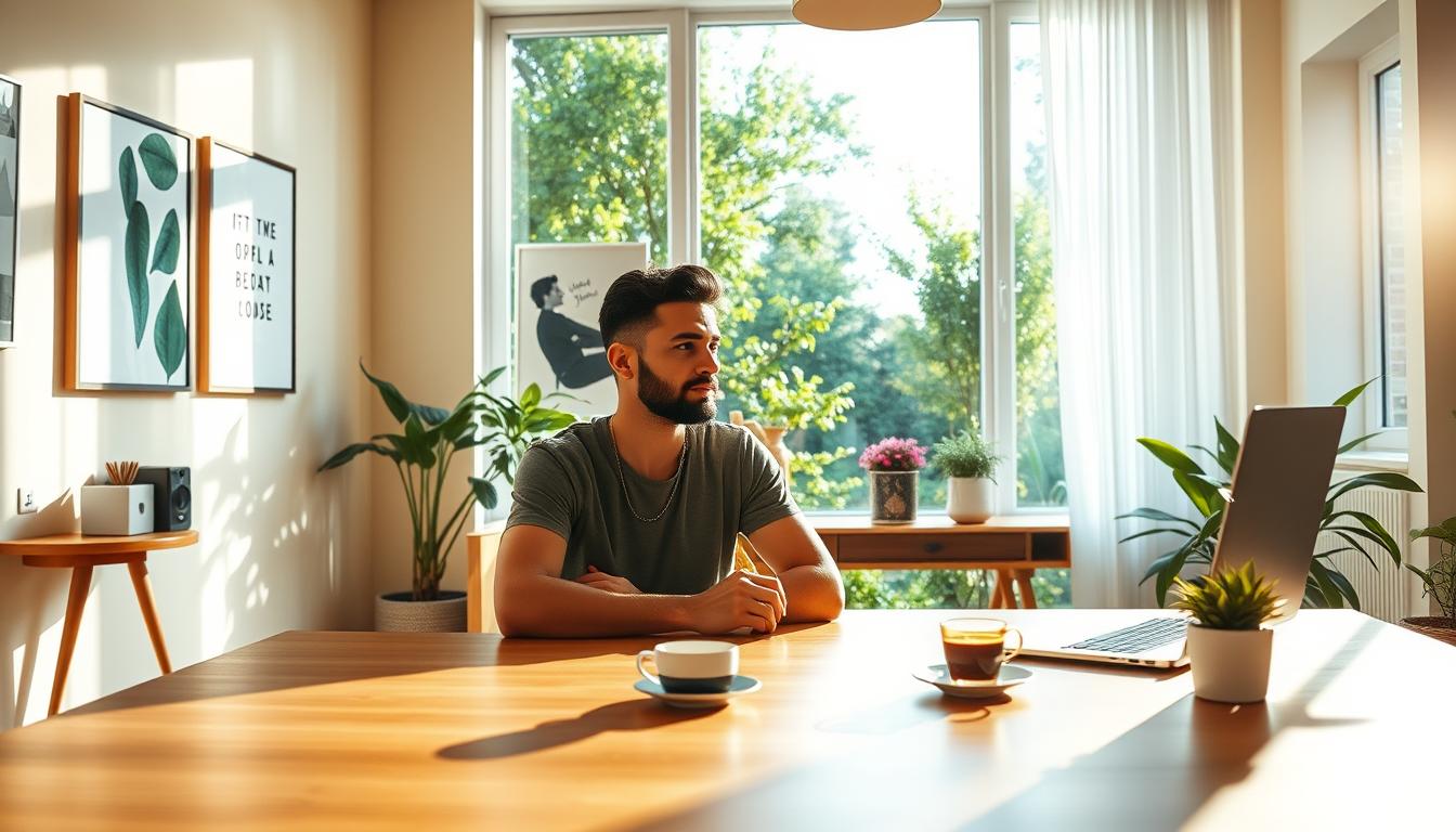 A vibrant, sun-drenched home office, filled with natural light and inspiring decor. In the foreground, a determined individual sits at a minimalist wooden desk, deep in focused contemplation, a cup of coffee by their side. The middle ground showcases motivational artwork, reminding them of their goals, while the background features a large window overlooking a lush, green garden, creating a sense of balance and tranquility. The lighting is warm and inviting, casting a soft glow on the scene, conveying an atmosphere of self-empowerment and personal growth.