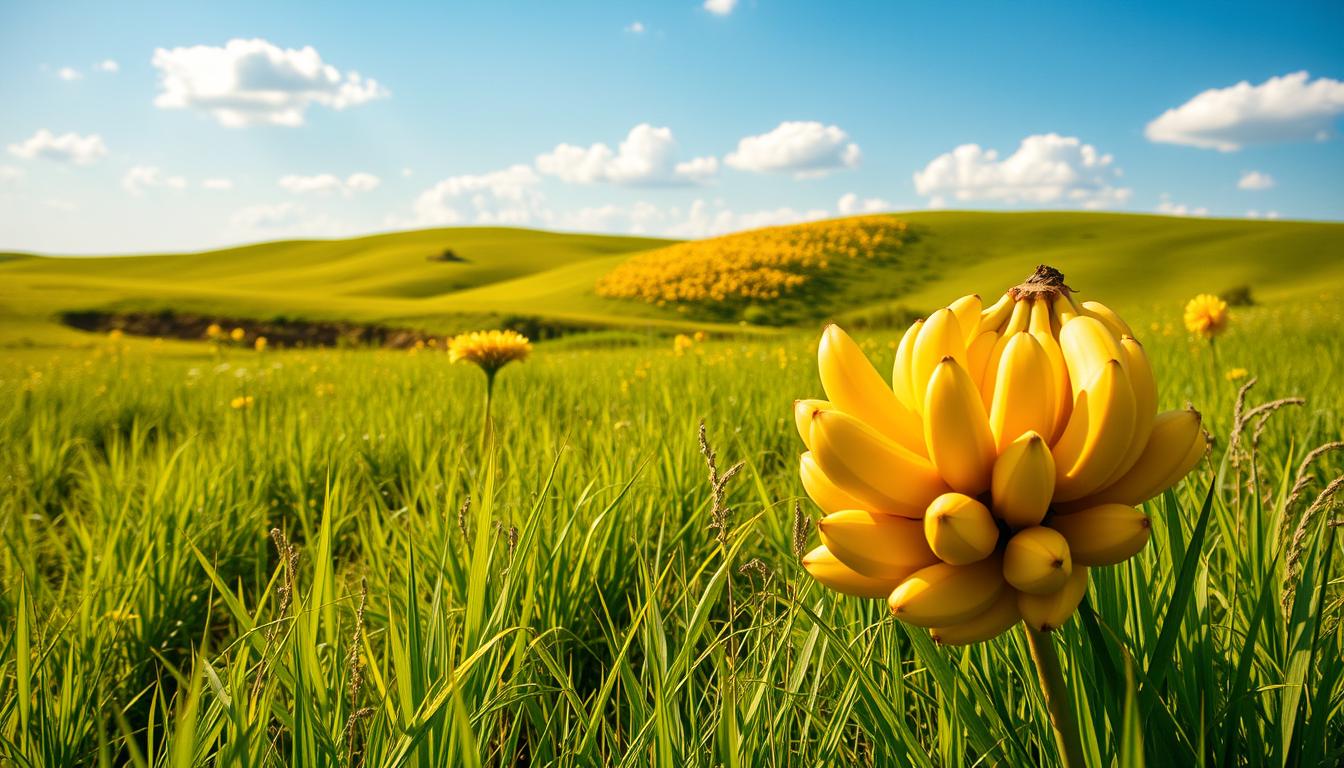 A vibrant, sun-drenched meadow filled with lush, verdant grasses and a cluster of ripe, yellow bananas in the foreground. In the middle ground, rolling hills dotted with wildflowers sway gently in a light breeze. The background features a clear, azure sky with fluffy, cumulus clouds. The lighting is natural and warm, casting a golden glow over the entire scene. The composition is balanced, with the bananas as the focal point, emphasizing their role as a portable, potassium-rich energy source. The atmosphere is serene and rejuvenating, inviting the viewer to pause and appreciate the natural abundance.