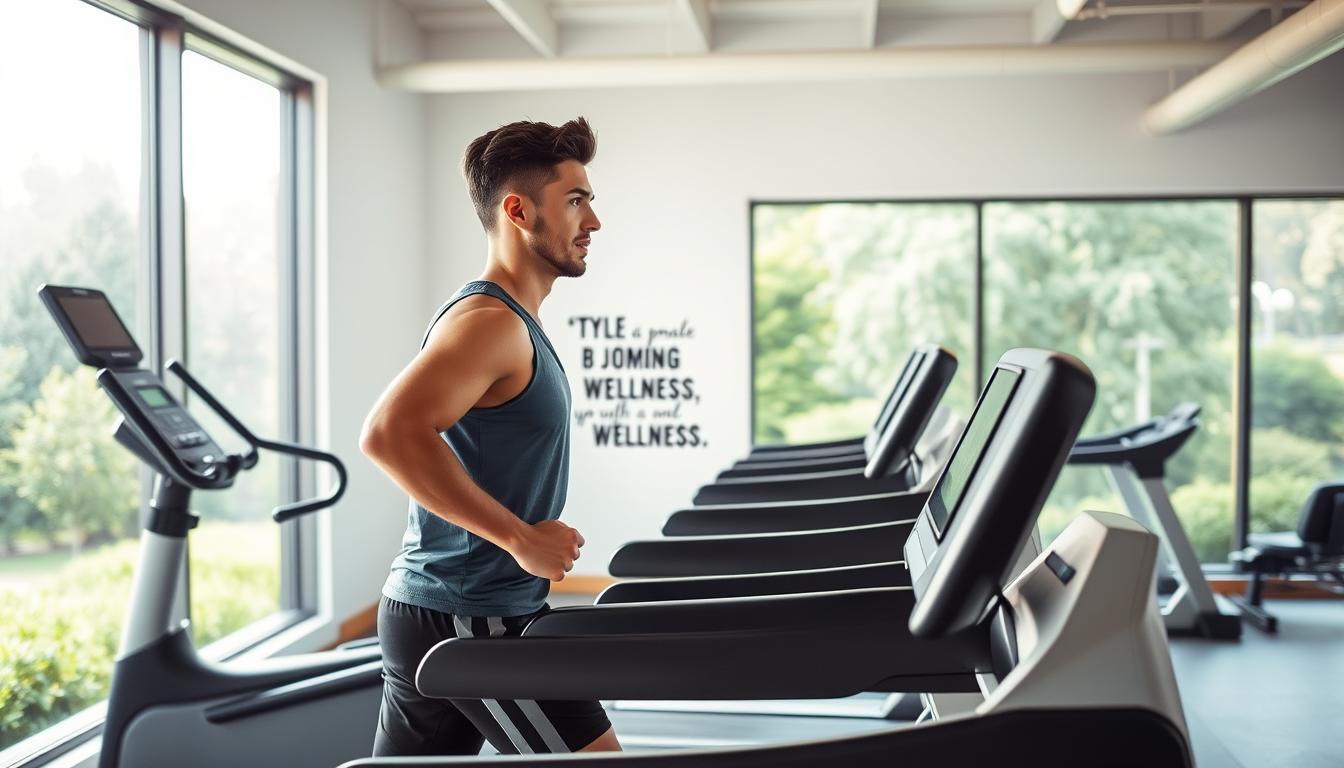 A vibrant, sun-lit fitness studio with sleek, modern equipment. In the foreground, a determined individual is mid-stride on a treadmill, expression focused and resolute. The middle ground features a wall of motivational quotes and inspirational imagery, casting an empowering glow. In the background, a large window overlooks a lush, green outdoor space, symbolizing the journey towards long-term health and wellness. Soft, diffused lighting accentuates the overall sense of energy and positivity, capturing the essence of sustainable fitness motivation.