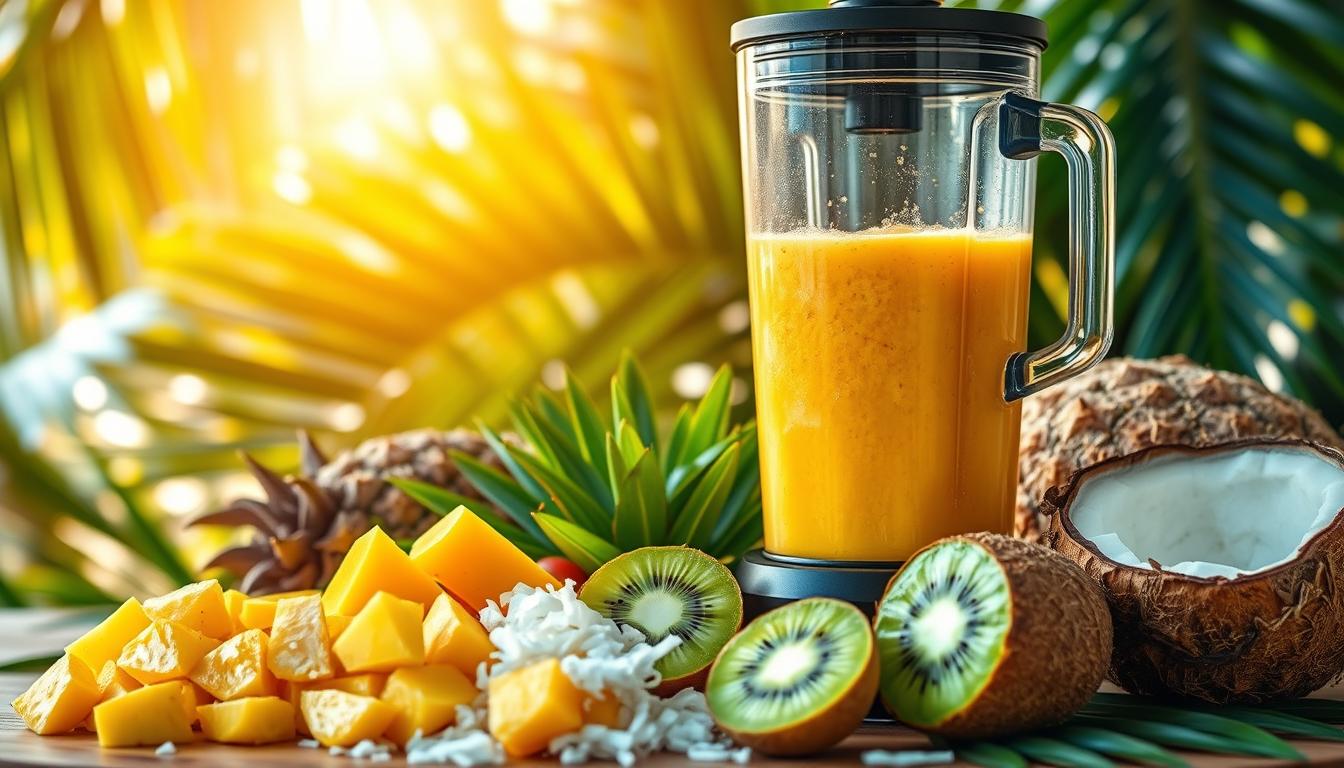 A vibrant tropical paradise captured in a still life. In the foreground, a colorful array of fresh ingredients - pineapple chunks, mango slices, coconut shreds, and bright green kiwi. In the middle ground, a high-powered blender, its blades poised to transform these nutrient-dense foods into a smoothie bursting with flavor and energy. The background features lush, verdant leaves and a warm, golden light that bathes the scene, evoking the sun-drenched ambiance of a tropical oasis. Captured with a crisp, high-resolution lens, this image exudes the rejuvenating and invigorating essence of a tropical energy-boosting smoothie.