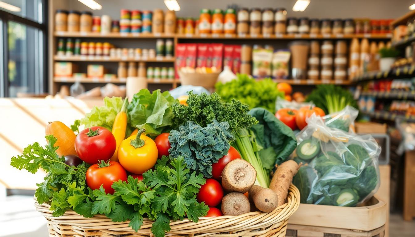 A vibrant, well-lit grocery store scene featuring an assortment of affordable, nutritious foods. In the foreground, a basket overflows with a variety of fresh produce - leafy greens, brightly colored fruits and vegetables, and hearty root crops. In the middle ground, shelves display inexpensive pantry staples like whole grains, beans, lentils, and canned fish. The background showcases the clean, orderly layout of the store, with natural lighting filtering in from large windows. The overall atmosphere is one of abundance, simplicity, and accessible healthy eating options, conveying the idea of economical, nutritious meal planning.