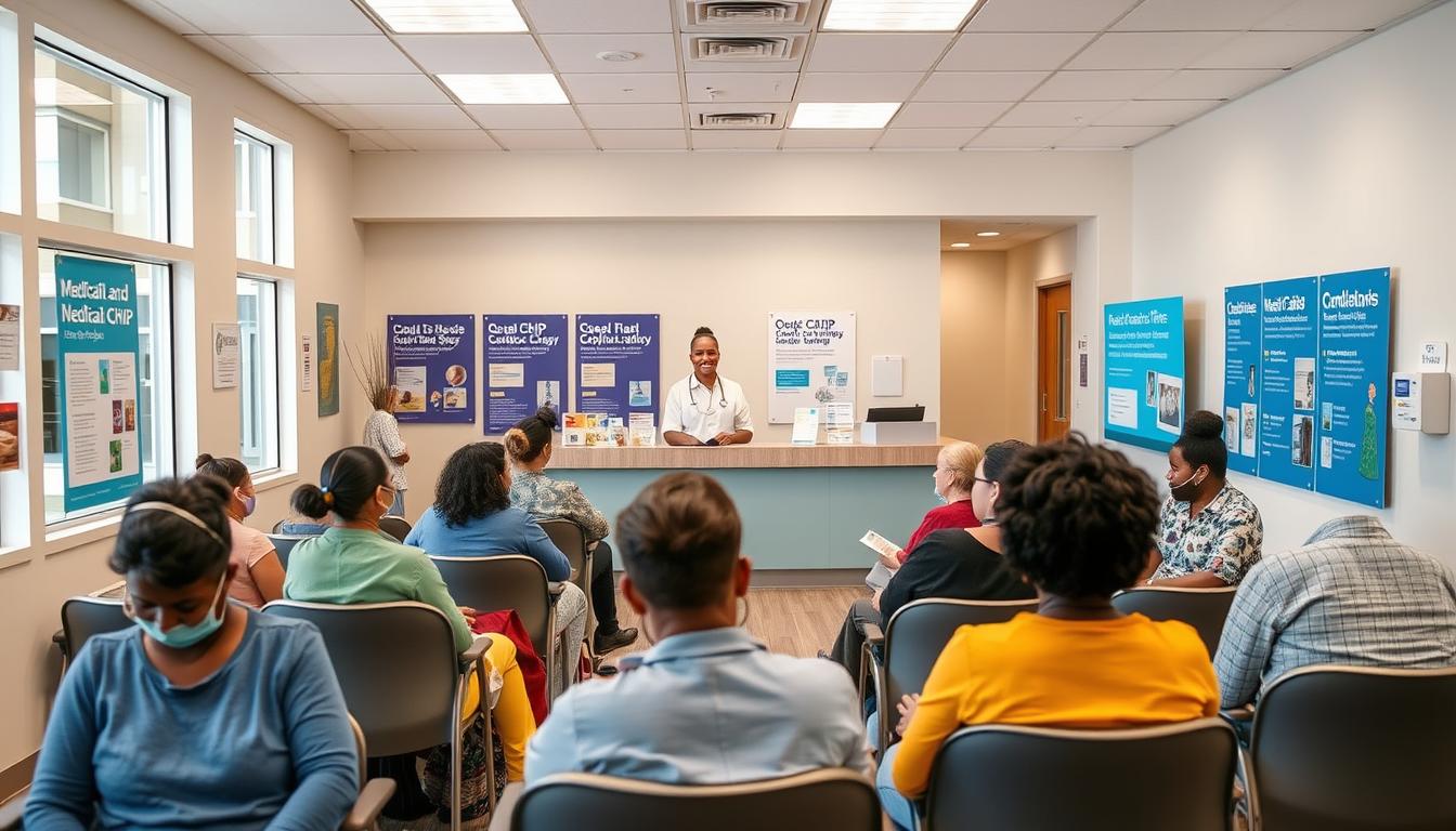 A vibrant, well-lit healthcare clinic, with a modern, welcoming interior. In the foreground, a diverse group of patients sit comfortably in chairs, representing different ages, ethnicities, and socioeconomic backgrounds. In the middle ground, a friendly receptionist smiles and assists a patient at the front desk. The background features informative displays and pamphlets highlighting available Medicaid and CHIP coverage options, making the space feel informative and accessible. The overall atmosphere conveys a sense of inclusivity, community, and easy access to essential healthcare services.