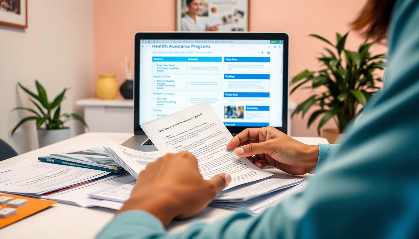 A vibrant, well-lit scene depicting a person carefully reviewing and filling out application forms for various health assistance programs. The foreground shows the person's hands neatly organizing documents, application forms, and pamphlets on a clean, organized desk. The middle ground showcases a laptop or computer screen displaying relevant program information. The background features soothing pastel-colored walls, a potted plant, and a sense of calm professionalism, conveying the idea of a supportive environment for navigating the process of applying for health assistance.