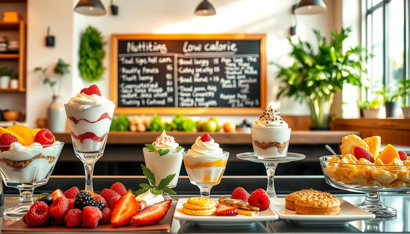 A vibrant, well-lit scene of a restaurant dessert display showcasing a variety of healthier options. In the foreground, an artfully arranged selection of fruit-based desserts, yogurt parfaits, and portion-controlled bites. The middle ground features a chalkboard menu highlighting nutritious, low-calorie indulgences. The background depicts a warm, inviting ambiance with natural lighting, wood accents, and greenery, conveying a sense of balance and wellness. The overall composition encourages mindful dessert decision-making, guiding the viewer towards satisfying, guilt-free treats.