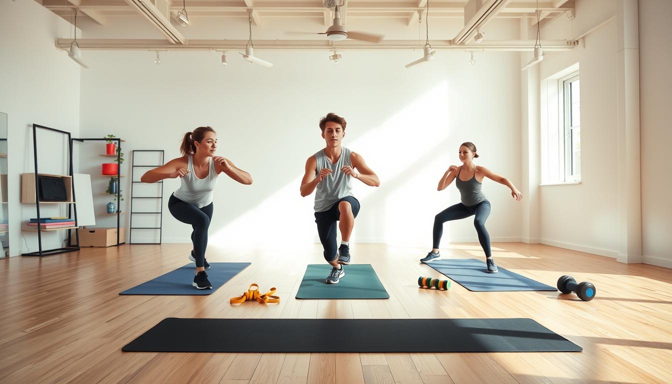 A vibrant, well-lit studio setting showcasing a beginner's exercise routine. In the foreground, a young adult performs a series of simple, foundational movements such as squats, lunges, and planks. The middle ground features an array of basic fitness equipment like resistance bands, yoga mats, and dumbbells. The background depicts an airy, minimalist space with natural lighting, accentuating the serene, approachable atmosphere. The overall composition conveys a sense of accessibility, encouraging viewers to take the first step towards a healthier, more active lifestyle.