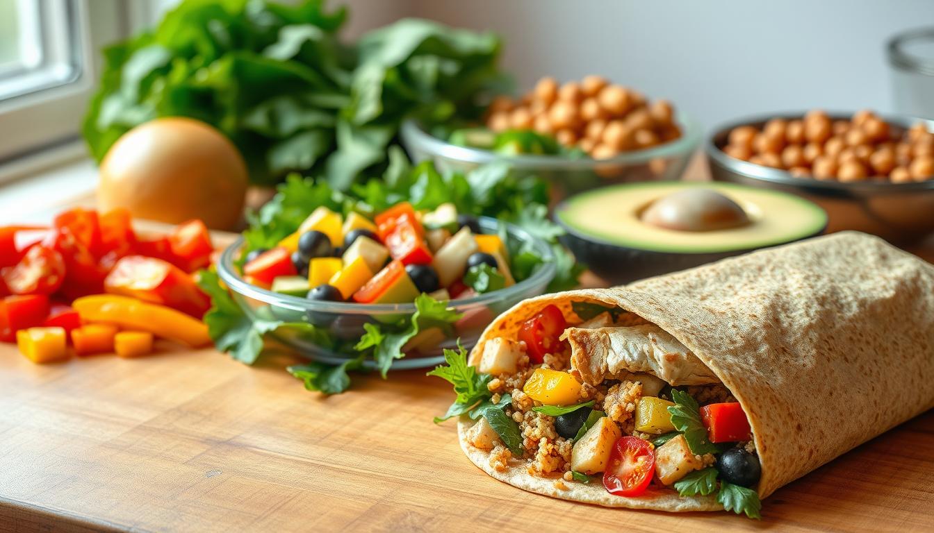 A vibrant, well-lit table topped with an assortment of budget-friendly, healthy lunch wraps. In the foreground, a whole-wheat tortilla wrap filled with sautéed vegetables, quinoa, and grilled chicken. In the middle, a colorful fruit salad featuring sliced apples, berries, and a drizzle of honey. In the background, a selection of freshly chopped ingredients - leafy greens, bell peppers, avocado, and roasted chickpeas - ready to be assembled into additional nutritious and affordable wraps. The scene is bathed in warm, natural lighting, creating a welcoming and appetizing atmosphere.