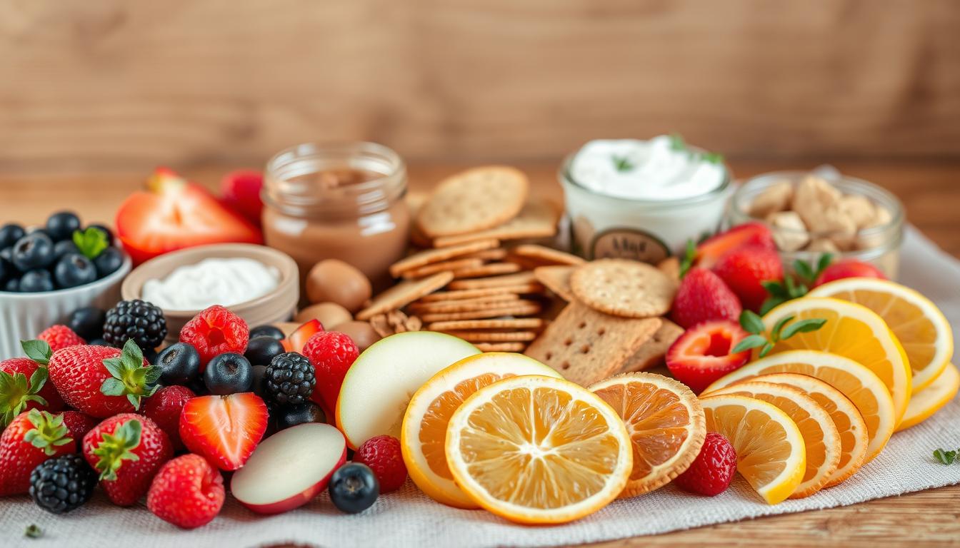 A visually appealing spread of a variety of budget-friendly, nutritious snack options, captured in a warm, natural lighting with a soft, inviting focus. In the foreground, an assortment of fresh fruits, such as vibrant berries, crisp apple slices, and juicy citrus, artfully arranged. In the middle ground, a selection of crunchy, whole-grain crackers, creamy nut butters, and protein-rich Greek yogurt with fresh herbs. The background features a minimalist, earthy setting, such as a wooden table or a linen cloth, to create a cozy, homemade atmosphere. The overall composition should evoke a sense of balance, simplicity, and accessibility, reflecting the "Budget-Friendly Snack Ideas" theme.