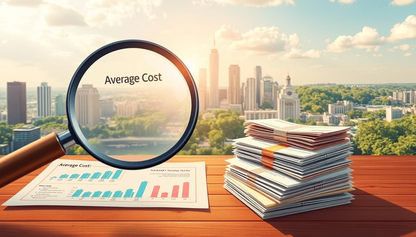A visually captivating illustration showcasing the concept of "average cost". In the foreground, a magnifying glass hovers over a detailed financial chart, highlighting key data points. The middle ground features a stack of neatly organized bills and receipts, symbolizing the various expenses associated with therapy. In the background, a serene and vibrant cityscape with skyscrapers and lush greenery, creating a sense of balance and prosperity. The lighting is warm and inviting, casting a subtle glow across the scene. The composition is well-balanced, drawing the viewer's attention to the central focus of understanding the costs and finding ways to pay less out of pocket.