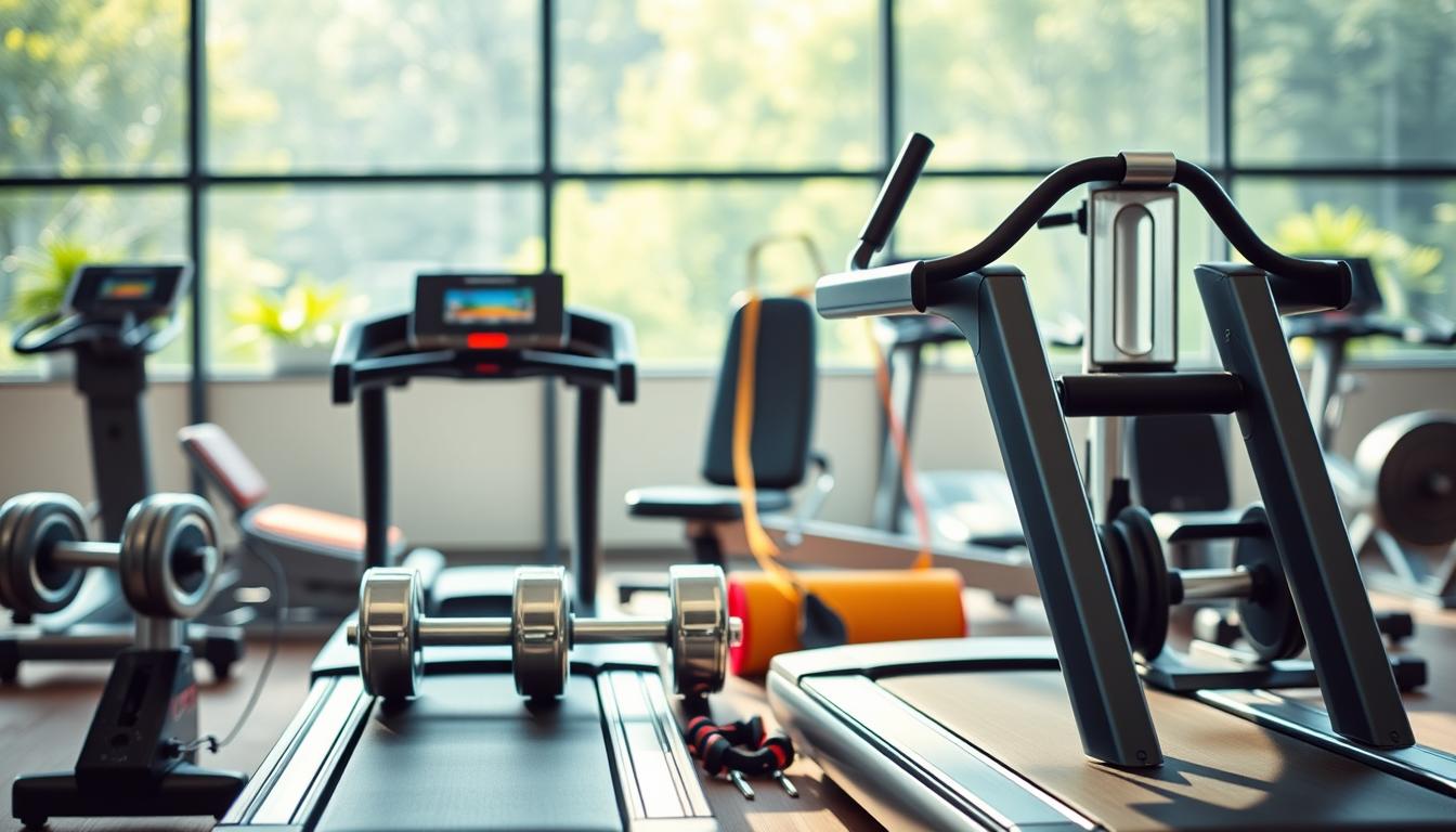 A visually striking comparison of commercial and home gym equipment, captured with a crisp, high-resolution lens. In the foreground, a sleek, state-of-the-art commercial treadmill stands tall, its sleek design and vibrant display panel showcasing its advanced features. Beside it, a more modest, yet well-crafted home treadmill, its robust construction hinting at its durability. In the middle ground, a set of shiny, chrome-plated dumbbells and a sturdy weight bench, representing the professional-grade equipment found in a commercial gym. Contrasting this, a compact, yet versatile home-workout station, complete with resistance bands and a yoga mat, highlights the versatility of home gym setups. The background is a vibrant, yet serene environment, with natural lighting flooding the scene, creating a sense of wellness and balance.