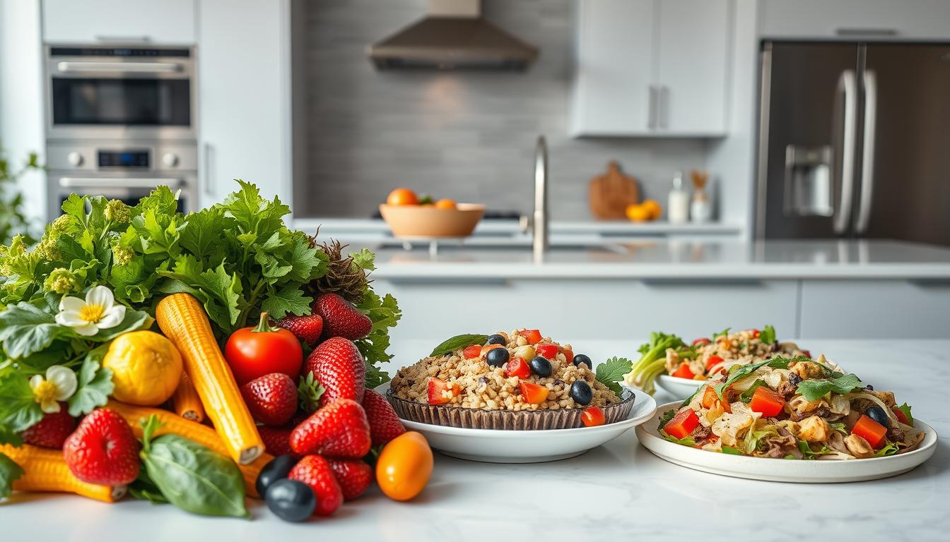 A visually striking comparison of healthy eating options, captured in a clean, modern style. In the foreground, an assortment of fresh produce - crisp leafy greens, vibrant berries, and crunchy vegetables - neatly arranged. In the middle ground, artfully plated meals, including a hearty grain bowl and a colorful salad, reflecting a balanced, nutritious diet. The background features a minimalist, well-lit kitchen setting, with stainless steel appliances and clean, white surfaces, evoking a sense of culinary sophistication. The overall scene exudes a vibrant, inviting atmosphere, highlighting the appeal and diversity of healthy eating options. A visually striking comparison of healthy eating options, captured in a clean, modern style. In the foreground, an assortment of fresh produce - crisp leafy greens, vibrant berries, and crunchy vegetables - neatly arranged. In the middle ground, artfully plated meals, including a hearty grain bowl and a colorful salad, reflecting a balanced, nutritious diet. The background features a minimalist, well-lit kitchen setting, with stainless steel appliances and clean, white surfaces, evoking a sense of culinary sophistication. The overall scene exudes a vibrant, inviting atmosphere, highlighting the appeal and diversity of healthy eating options.