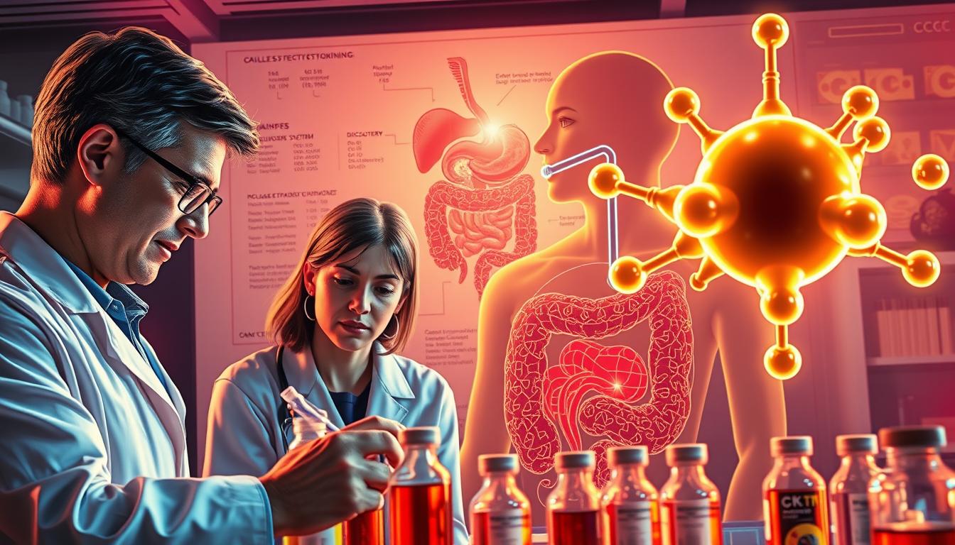 A vivid scientific illustration depicting the discovery of cholecystokinin (CCK), a key hunger hormone. In the foreground, a team of researchers closely examine vials and data, their expressions filled with excitement and discovery. The middle ground features a detailed anatomical diagram of the digestive system, highlighting the enteric nervous system and the release of CCK. In the background, a glowing molecular model of the CCK peptide hovers, illuminating the breakthrough. The scene is bathed in a warm, vibrant glow, conveying the momentous significance of this hormonal discovery. Realistic, high-detail, elegant scientific illustration.
