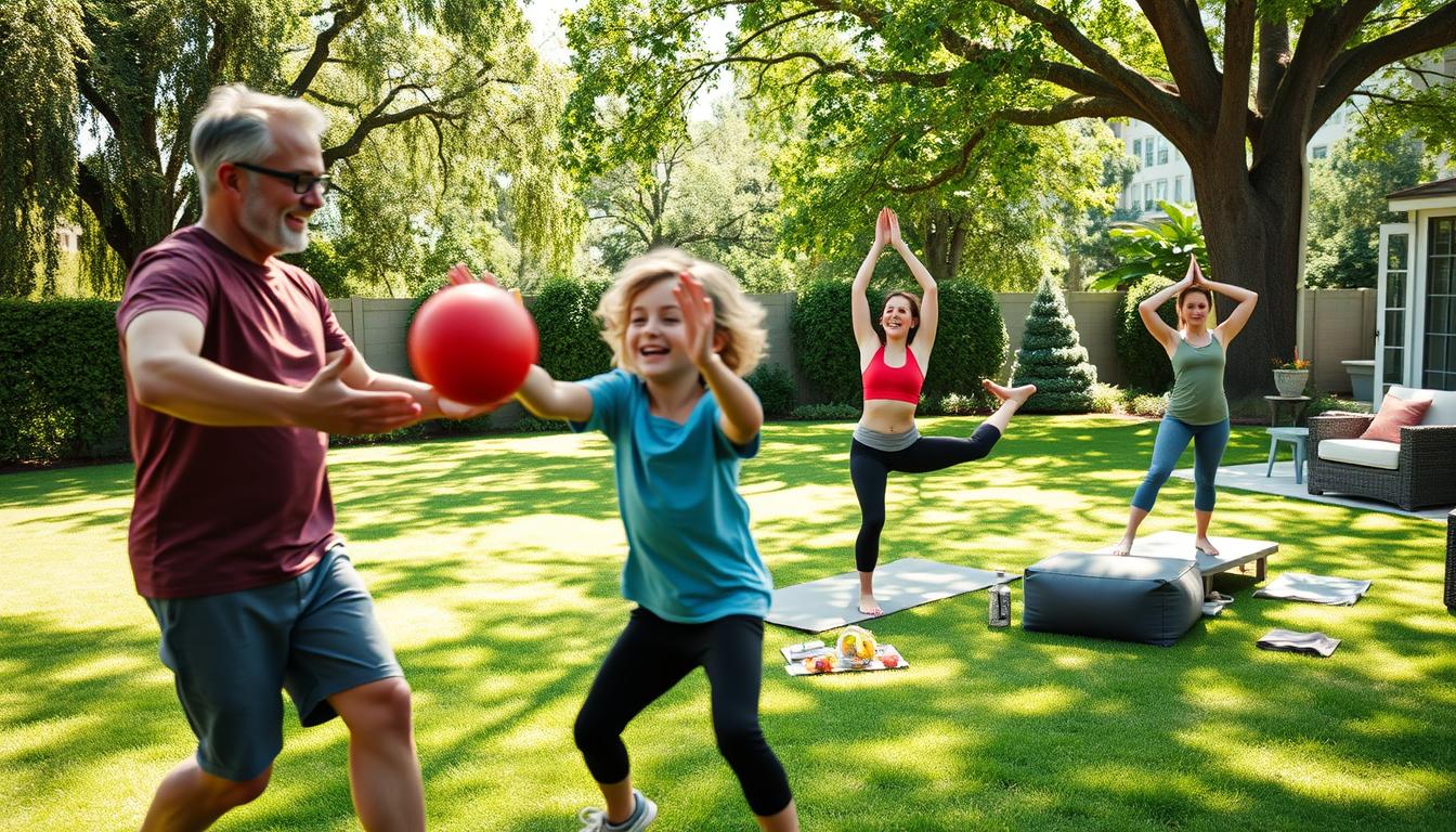 A warm, sun-drenched backyard with a family of four engaged in various fitness activities. In the foreground, a father and young son toss a vibrant red ball back and forth, their laughter and movement captured in a blur of motion. Behind them, a mother and teenage daughter perform yoga poses on plush grass, their bodies strong and graceful. The background features a lush green lawn, towering trees casting dappled shadows, and a cozy patio furnished with comfortable outdoor seating. The overall scene exudes a sense of togetherness, vitality, and the joyful embrace of physical activity beyond the confines of a gym.