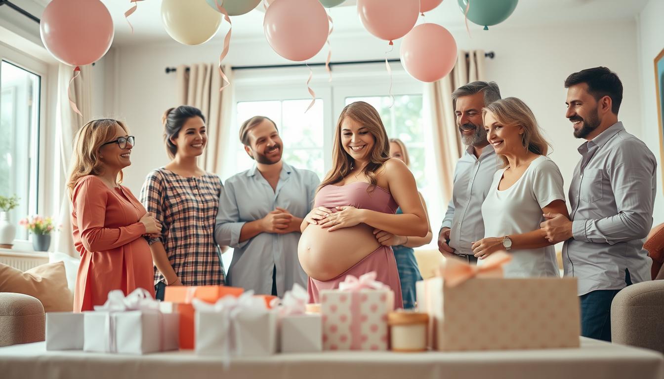 A warm, welcoming baby shower scene unfolds. In the foreground, a group of smiling friends and family members gather around a pregnant woman, her growing belly a vibrant testament to new life. Pastel balloons and streamers float overhead, casting a soft, joyful glow. In the middle ground, a table overflows with thoughtful gifts, each wrapped in delicate paper and ribbon. The background features a cozy, inviting living room, with sunlight streaming through the windows, illuminating the celebratory atmosphere. The mood is one of excitement, anticipation, and the cherished bonds of community, all captured in a vibrant, emotion-filled image.