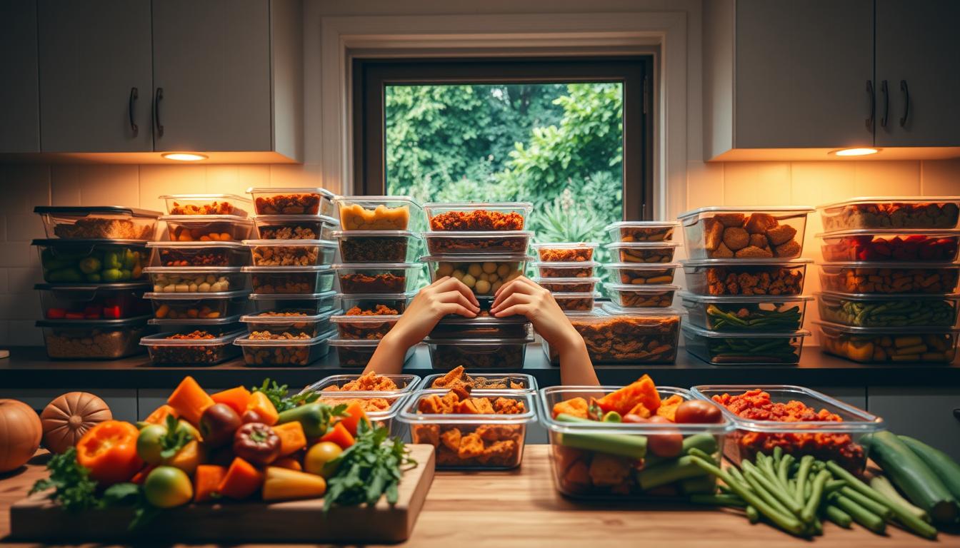 A warm, well-lit kitchen counter overflows with an array of freshly prepared meals. Stacks of neatly organized containers hold an assortment of family-friendly dishes - hearty stews, flavorful curries, and colorful roasted vegetables. In the foreground, a cutting board displays an abundance of vibrant, seasonal produce, hinting at the healthy, homemade ingredients used to craft these budget-friendly meals. Overhead lighting casts a soft, inviting glow, creating a welcoming atmosphere. The middle ground features a pair of hands carefully sealing the meal containers, ensuring convenience and portion control for busy weeknights. In the background, the kitchen window frames a picturesque view of a lush, verdant garden, symbolizing the fresh, wholesome nature of the prepared foods. This scene conveys the efficiency and thoughtfulness of batch cooking, catering to the tastes of even the pickiest eaters. A warm, well-lit kitchen counter overflows with an array of freshly prepared meals. Stacks of neatly organized containers hold an assortment of family-friendly dishes - hearty stews, flavorful curries, and colorful roasted vegetables. In the foreground, a cutting board displays an abundance of vibrant, seasonal produce, hinting at the healthy, homemade ingredients used to craft these budget-friendly meals. Overhead lighting casts a soft, inviting glow, creating a welcoming atmosphere. The middle ground features a pair of hands carefully sealing the meal containers, ensuring convenience and portion control for busy weeknights. In the background, the kitchen window frames a picturesque view of a lush, verdant garden, symbolizing the fresh, wholesome nature of the prepared foods. This scene conveys the efficiency and thoughtfulness of batch cooking, catering to the tastes of even the pickiest eaters.