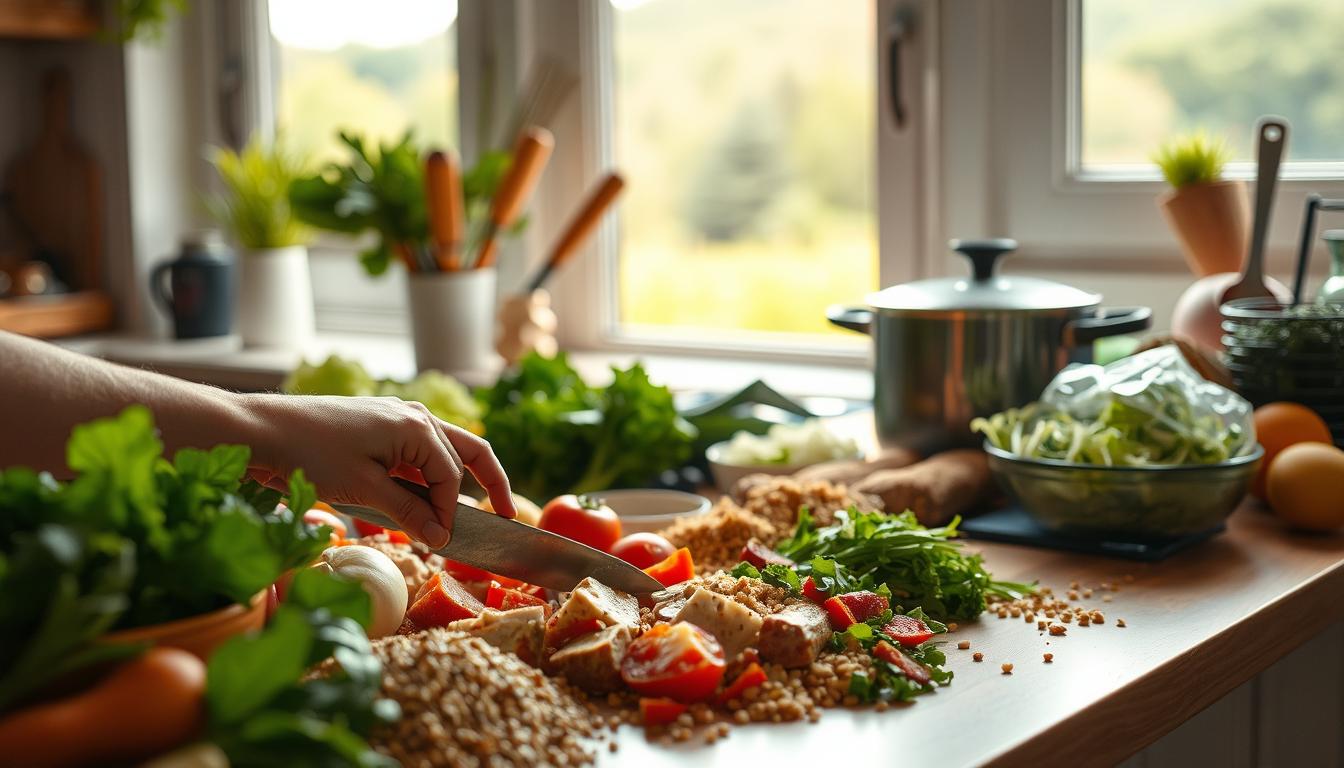 A warmly lit kitchen counter, its surface adorned with an array of fresh ingredients - vibrant veggies, grains, and lean proteins. In the foreground, a skilled hand deftly chops and prepares a hearty meal, showcasing cost-saving cooking techniques like batch cooking, meal prepping, and using budget-friendly cuts of meat. The mid-ground features a simmering pot and a variety of cooking utensils, while the background reveals a window overlooking a lush, verdant landscape, bathed in the soft glow of natural light. The overall atmosphere is one of efficiency, nourishment, and an appreciation for simple, wholesome ingredients.