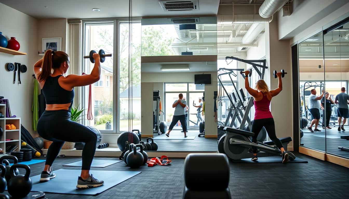 A well-lit, airy home gym contrasts with the bustling energy of a modern fitness center. In the foreground, a person performs weighted squats against a backdrop of kettlebells, resistance bands, and yoga mats, their form reflected in a large mirror. In the middle ground, a gym member engages with exercise machines, surrounded by other patrons. The background depicts the exterior of a suburban home and an urban gym, hinting at the time investment required for each setting. The scene conveys a vibrant, balanced comparison between the convenience of home workouts and the resources of a professional gym.