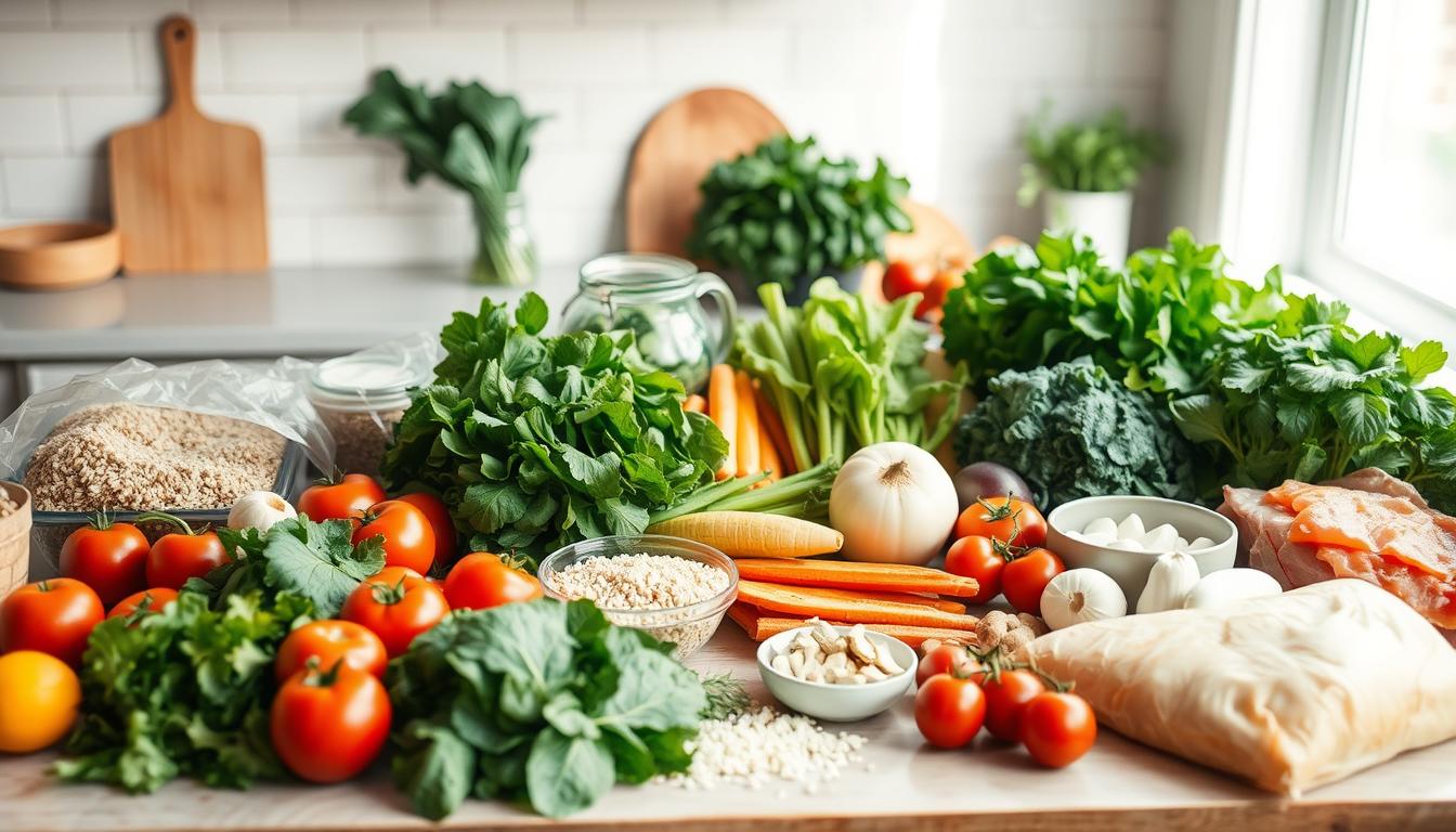 A well-lit, airy kitchen counter, covered in a selection of fresh, unprocessed ingredients - a variety of whole grains, leafy greens, vibrant fruits and vegetables, lean proteins, and healthy fats. The ingredients are neatly arranged, conveying a sense of organization and intentionality. The lighting is soft and natural, casting a warm, inviting glow over the scene. The camera angle is slightly elevated, allowing the viewer to take in the entirety of the spread, emphasizing the abundance and variety of the budget-friendly, clean eating items. The overall mood is one of simplicity, health, and approachability, reflecting the spirit of the "Budget Grocery List for Clean Eating" article.