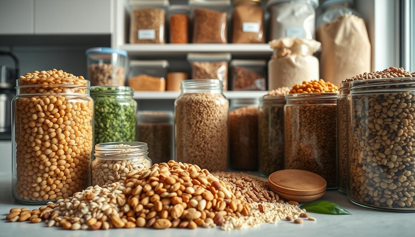 A well-lit, airy kitchen counter showcases an assortment of bulk bins filled with an array of wallet-friendly protein sources. In the foreground, prominent glass jars brim with lentils, chickpeas, and quinoa, their earthy hues and textures inviting exploration. The middle ground features a mix of protein-rich nuts and seeds, their vibrant colors and shapes creating a visually striking display. In the background, shelves hold additional bulk bins stocked with versatile soy-based proteins, dried beans, and ancient grains. The overall scene conveys a sense of abundance, sustainability, and smart, budget-conscious meal planning.