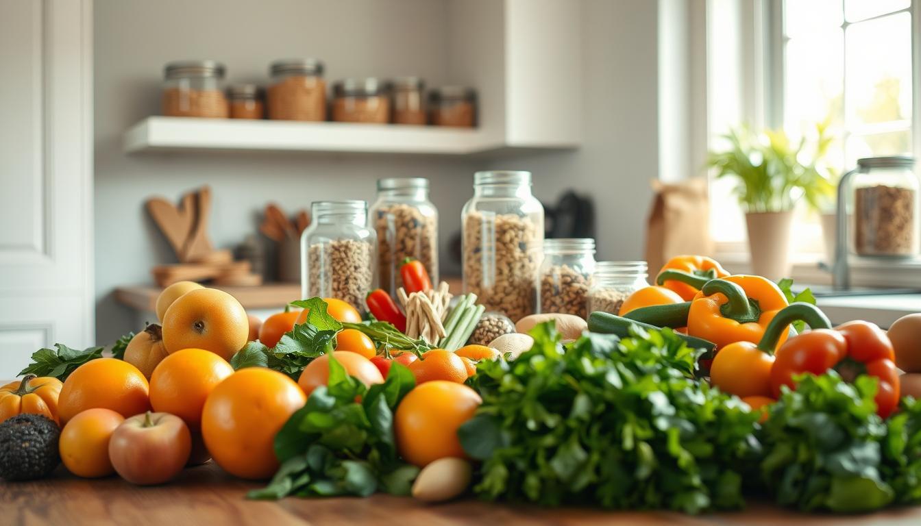 A well-lit, airy kitchen with fresh produce and pantry items arranged on a wooden table. In the foreground, a variety of seasonal fruits and vegetables, such as crisp apples, juicy oranges, hearty greens, and vibrant bell peppers. In the middle ground, glass jars filled with grains, legumes, and nuts, all neatly organized. The background features a large window letting in natural light, with a lush plant on the windowsill. The overall atmosphere is warm, inviting, and conveys the idea of healthy, budget-conscious seasonal shopping strategies.
