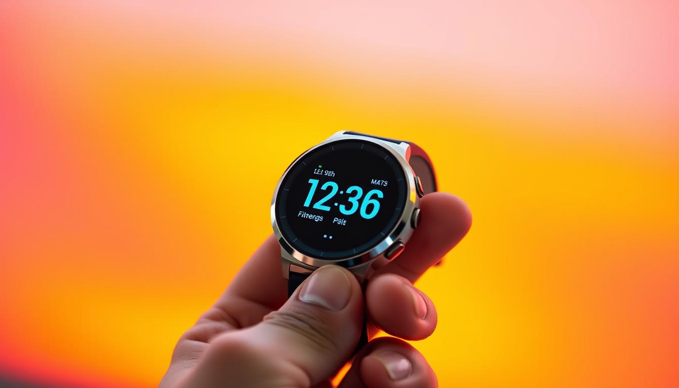 A well-lit, close-up photograph of a person's hand holding a digital fitness tracker smartwatch, displaying fitness progress data and metrics on the screen. The background is blurred, with a warm, vibrant gradient that creates a sense of focus and energy. The watch face features a sleek, modern design with clean lines and a bright, vibrant display. The lighting is natural and directional, highlighting the details of the watch and creating a sense of depth and dimension. The overall composition emphasizes the importance of technology in tracking fitness progress and the vibrant, motivating atmosphere of the scene.